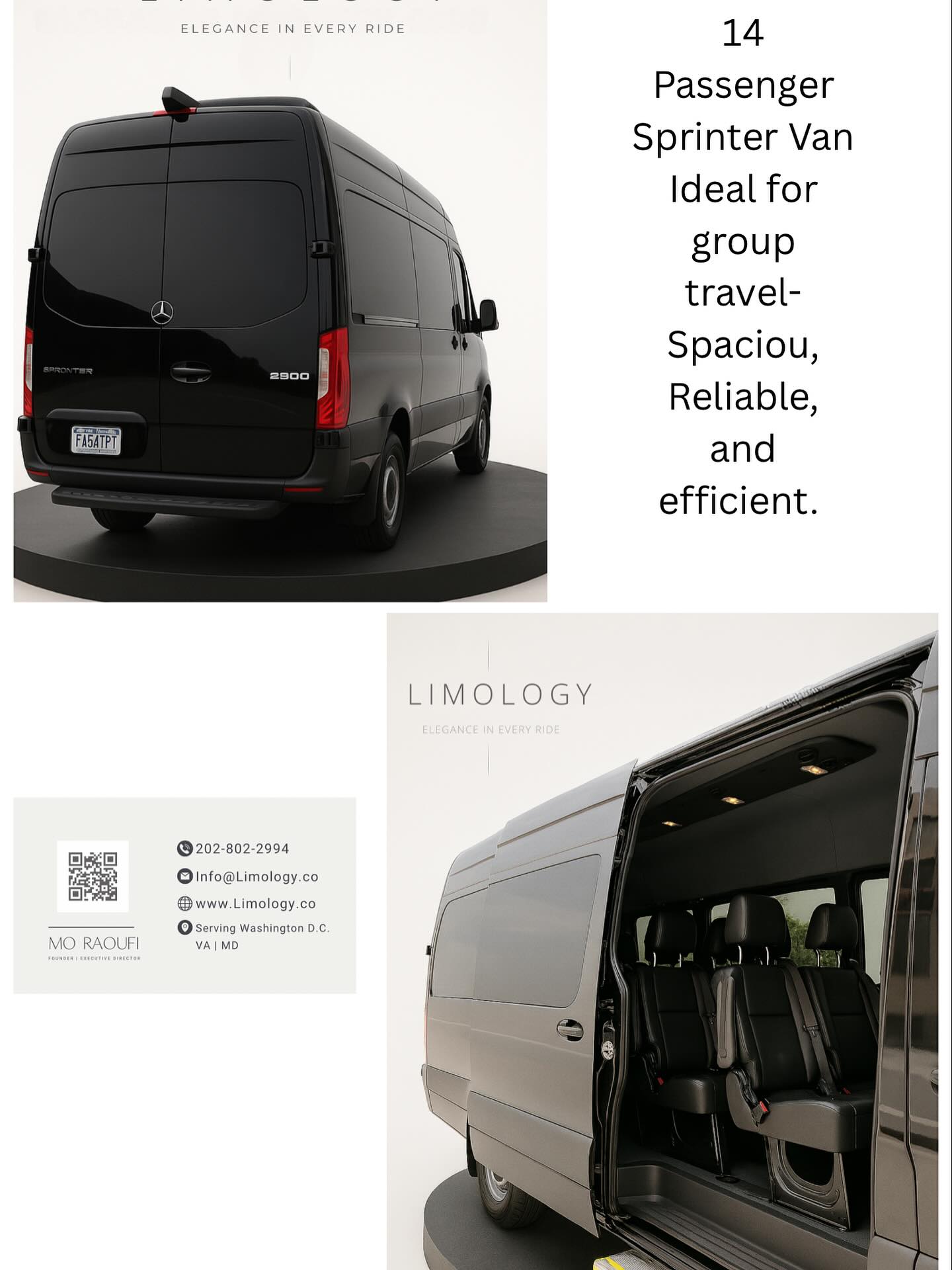 🚐 Travel Together, Travel in Style 🚐
Our 14-passenger Mercedes-Benz Sprinter Van is perfect for group trips — spacious, reliable, and designed for comfort. Whether it’s corporate events, family outings, or special celebrations, we make every mile unforgettable.

📍 Serving Washington D.C. | VA | MD
#Limology #GroupTravel #LuxuryVan #SprinterVan #DCTransportation #TravelInComfort #CorporateTravel #SpecialEvents